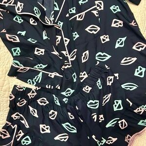 Victoria's Secret Black Pajama Set with Pink and Green Accents